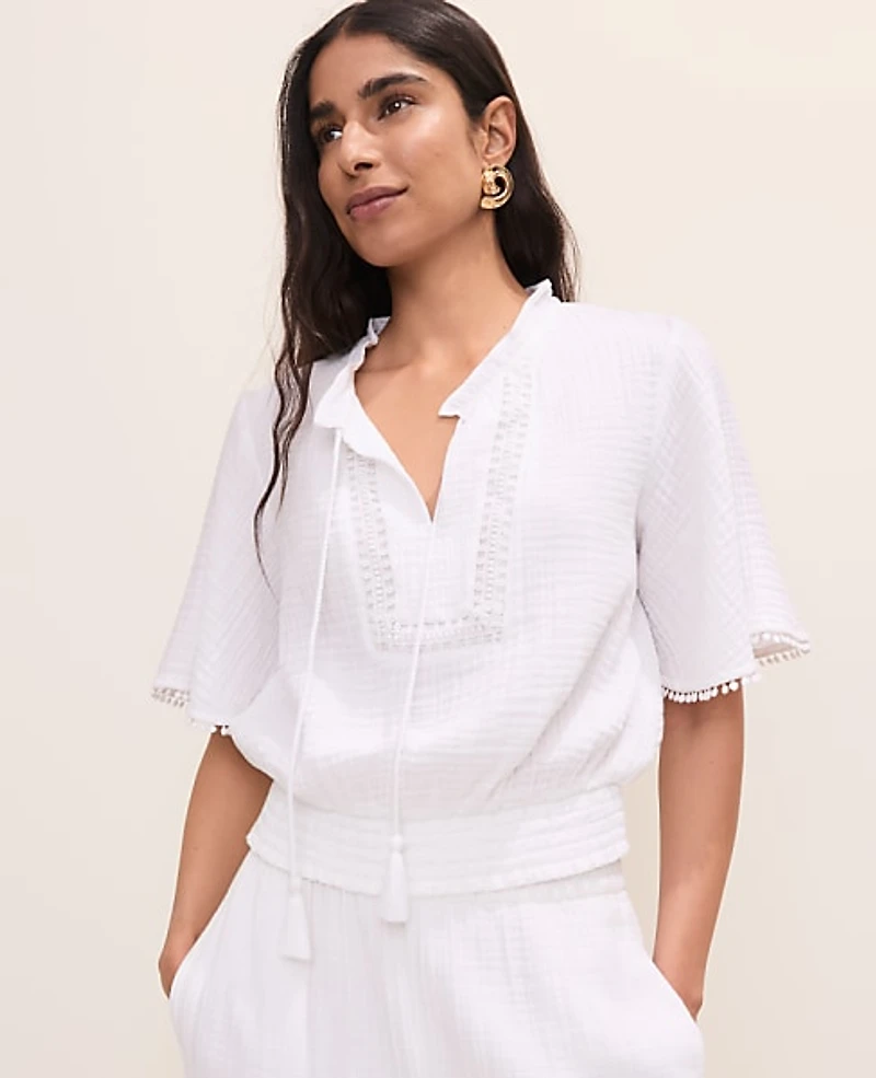 Ann Taylor Petite Smocked Bobble Trim Blouse Women's