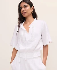 Ann Taylor Petite Smocked Bobble Trim Blouse Women's