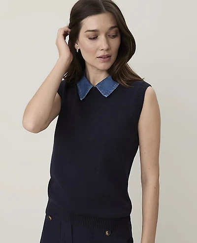Ann Taylor Petite Weekend Denim Collar Sweater Vest Night Sky Women's