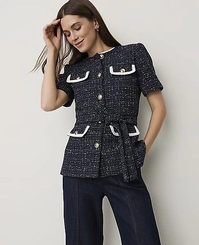 Ann Taylor The Petite Belted Short Sleeve Jacket Tweed Navy White Combo Women's