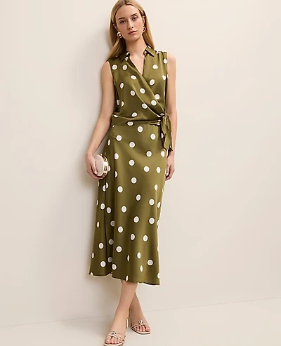 Ann Taylor Petite Dotted Satin Midi Slip Skirt Moss Green Women's