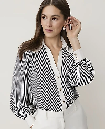 Ann Taylor Petite Striped Split Neck Blouse Satin Night Sky Women's