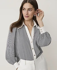 Ann Taylor Petite Striped Split Neck Blouse Satin Night Sky Women's