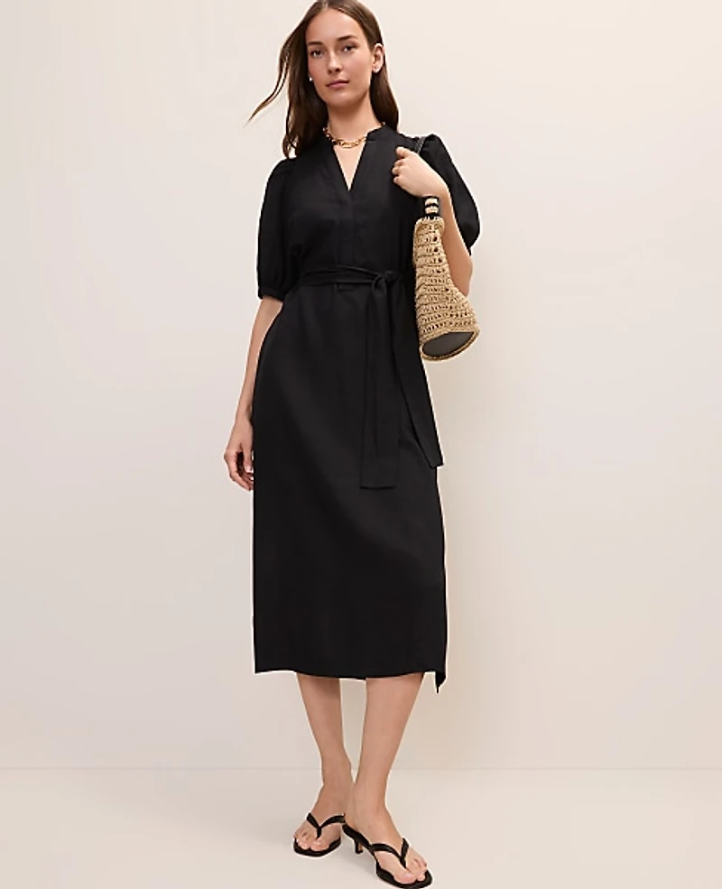 Ann Taylor Petite Puff Sleeve Midi Dress Linen Blend Black Women's