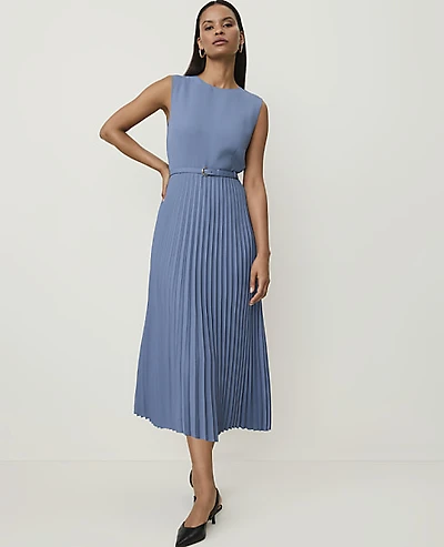 Ann Taylor Petite Sleeveless Pleated Midi Dress Cool Dusk Women's