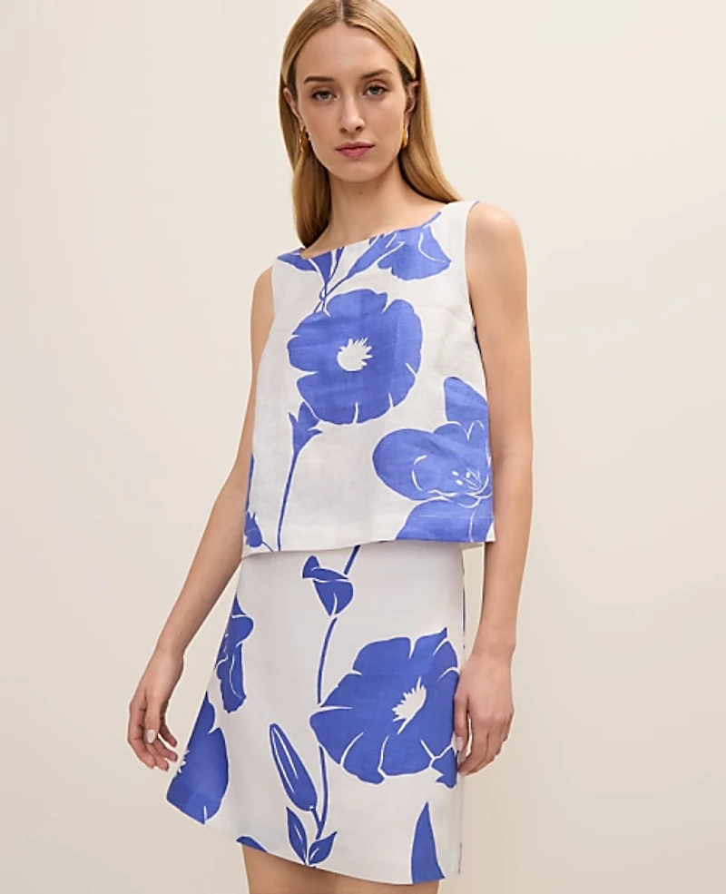 Ann Taylor Floral Tank Top Linen Dream Blue Women's