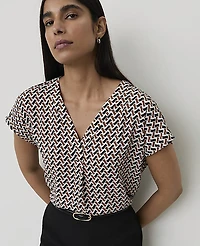 Ann Taylor Geo Print Mixed Media Pleat Front Top Black Women's