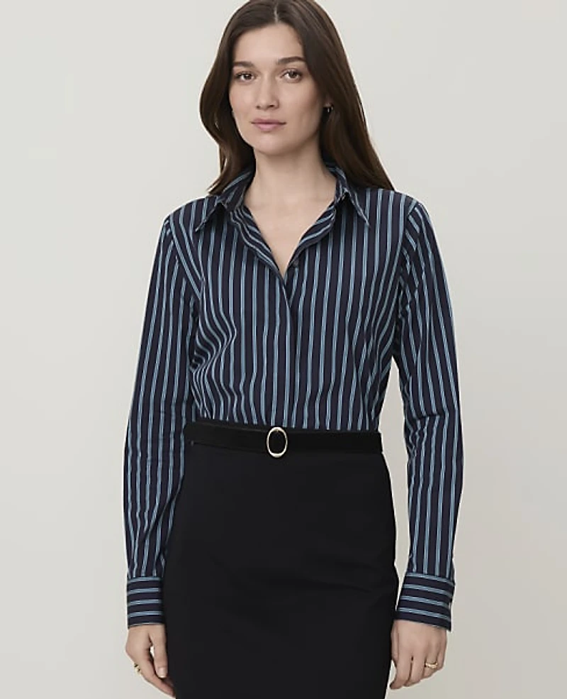 Ann Taylor Striped Satin Modern Shirt Night Sky Women's