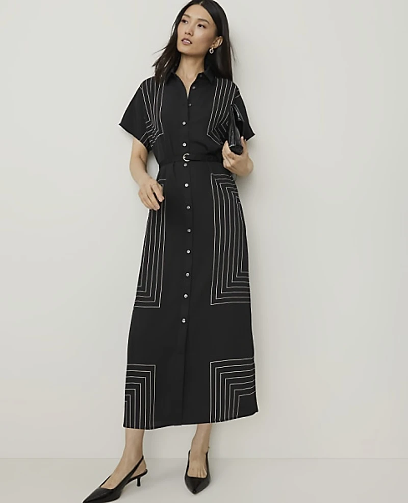 Ann Taylor Petite Geo Print Belted Shirtdress Black Women's