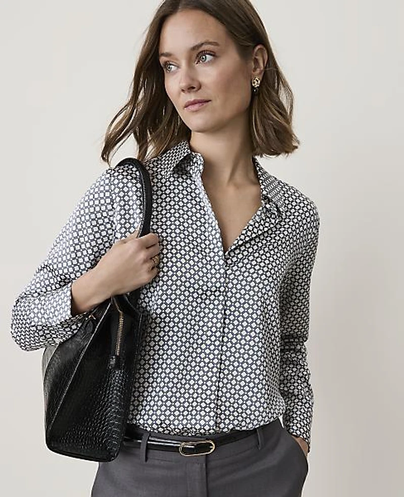 Ann Taylor Geo Satin Shirt Winter White-Cool Dusk Women's