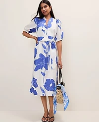 Ann Taylor Petite Floral Puff Sleeve Midi Dress Linen Dream Blue Women's