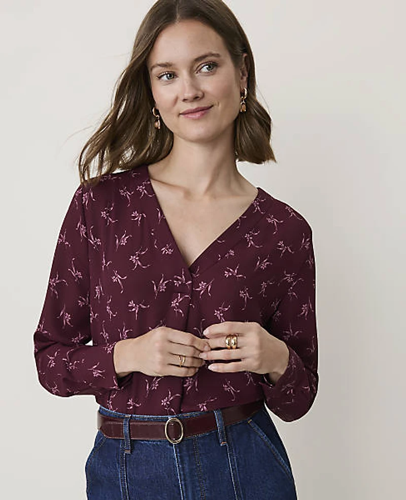 Ann Taylor Floral Mixed Media Pleat Front Top Purest Plum Women's