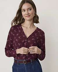 Ann Taylor Floral Mixed Media Pleat Front Top Purest Plum Women's