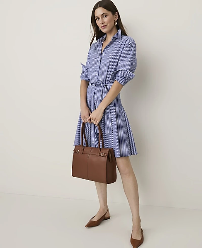 Ann Taylor Petite Striped Belted Collared Shirtdress Blue Stripe Women's