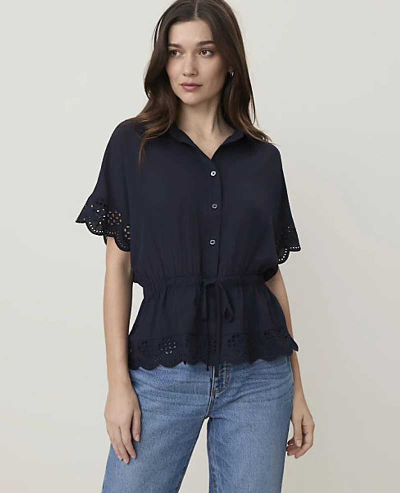 Ann Taylor Weekend Embroidered Tie Waist Blouse Night Sky Women's