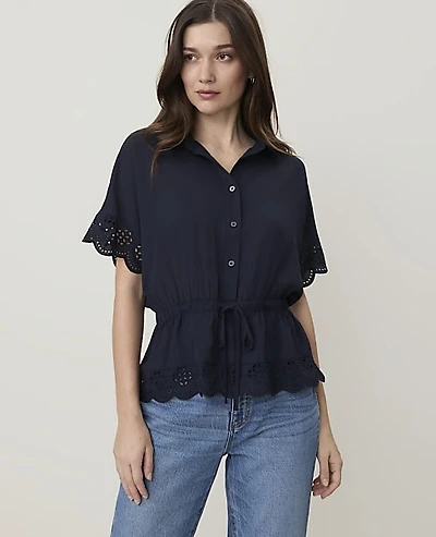Ann Taylor Weekend Embroidered Tie Waist Blouse Night Sky Women's