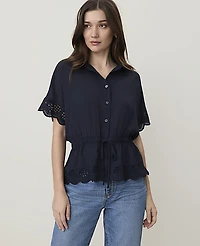 Ann Taylor Weekend Embroidered Tie Waist Blouse Night Sky Women's