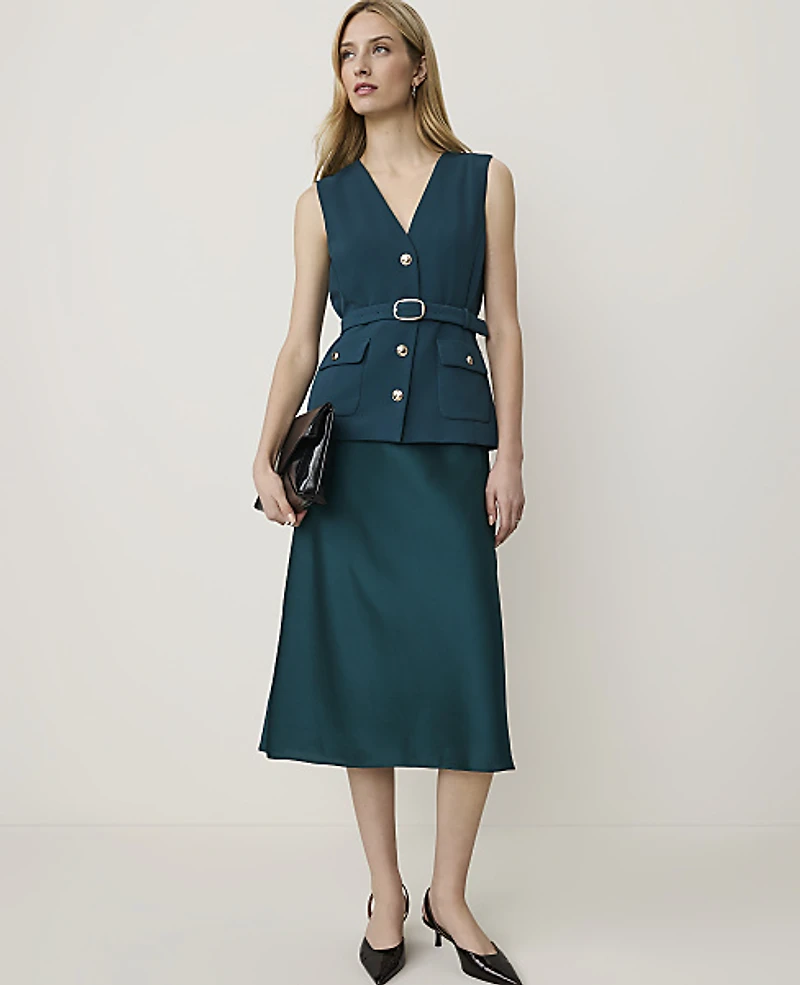 Ann Taylor Petite Belted V-Neck Midi Slip Dress Deep Forest Pine Women's
