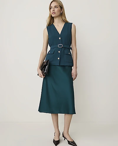 Ann Taylor Petite Belted V-Neck Midi Slip Dress Deep Forest Pine Women's