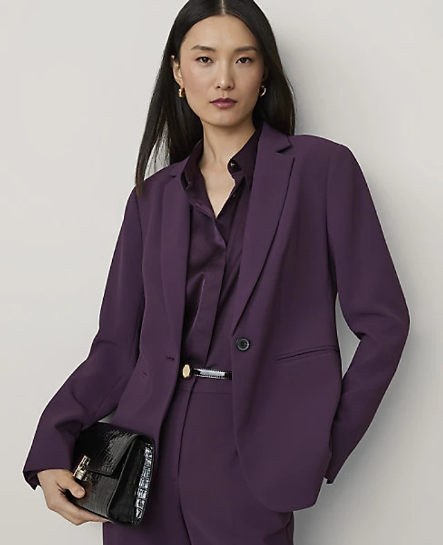 Ann Taylor The Petite Long Single Button Blazer Fluid Crepe Dark Berry Women's