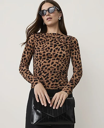 Ann Taylor Petite Animal Print Ruched Boatneck Top Cafe Au Lait B Women's