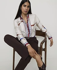Ann Taylor Horsebit Print Modern Shirt Satin Sand Shell Top Women's