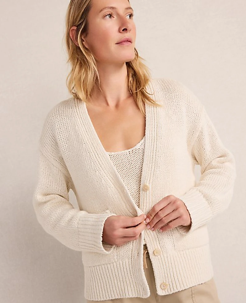 Ann Taylor Haven Well Within Cotton Linen Plaited V-Neck Cardigan Sandstone Women's