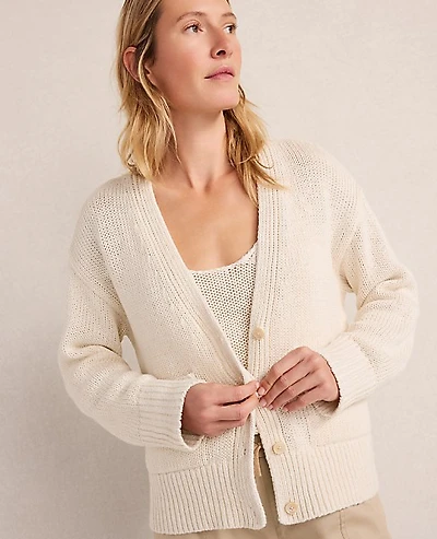 Ann Taylor Haven Well Within Cotton Linen Plaited V-Neck Cardigan Sandstone Women's