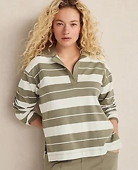 Ann Taylor Haven Well Within Organic Cotton Interlock Stripe Johnny Collar Top Ivory Women's