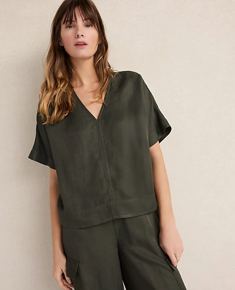 Ann Taylor Haven Well Within Viscose Linen V-Neck Top Deep Green Women's