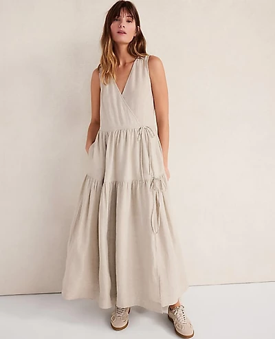 Ann Taylor Haven Well Within Everweave Linen Tiered Wrap Dress Size Large Oatmeal Women's