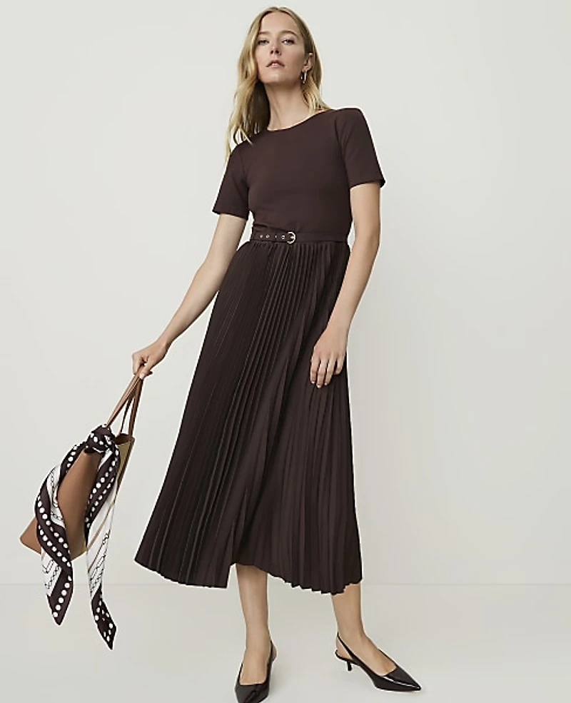 Ann Taylor Belted Pleated Midi Dress French Mocha Women's