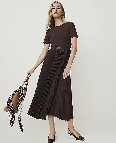 Ann Taylor Belted Pleated Midi Dress French Mocha Women's