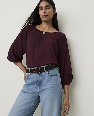 Ann Taylor Petite Lace Trim Sleeve Blouse Purest Plum Women's