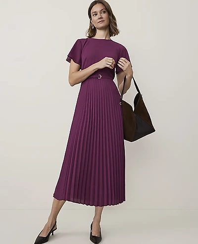 Ann Taylor Petite Pleated Flare Midi Dress Purple Amaranth Women's