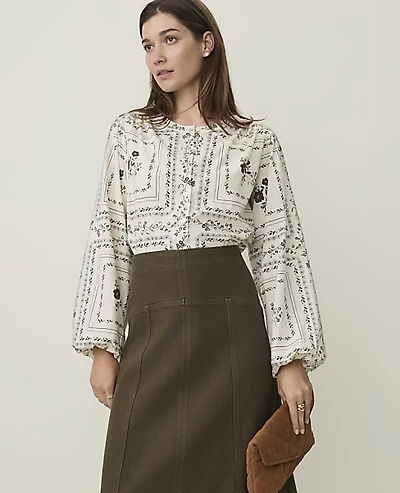 Ann Taylor Weekend Floral Blouson Sleeve Blouse Sea Pearl Women's