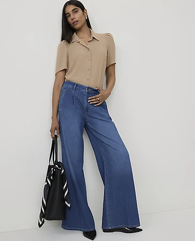 Ann Taylor The Petite Pleated Denim Palazzo Trouser Bright Medium Stone Wash Women's