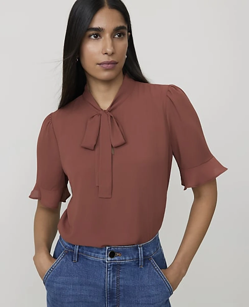 Ann Taylor Petite Ruffle Trim Bow Blouse Women's