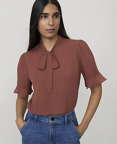Ann Taylor Petite Ruffle Trim Bow Blouse Women's