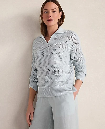 Ann Taylor Haven Well Within Cotton Mixed Stitch Johnny Collar Sweater Ice Blue Women's