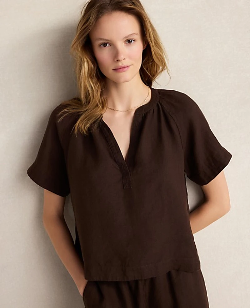 Ann Taylor Haven Well Within Linen Gathered V-Neck Top Coffee Bean Women's