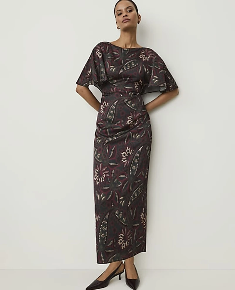 Ann Taylor Petite Paisley Boatneck Column Midi Dress Safari Foliage Women's