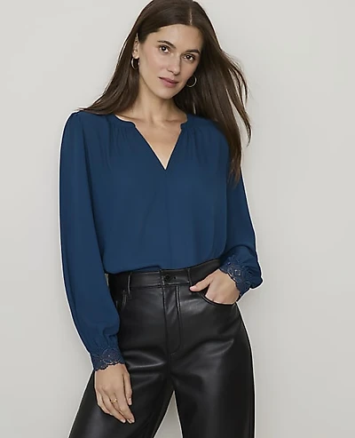 Ann Taylor Lace Trim Mixed Media Top Moonlit Backdrop Women's
