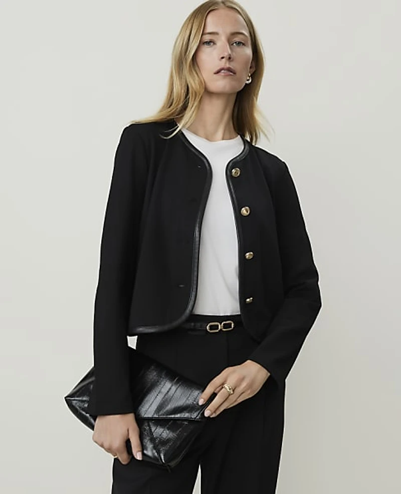 Ann Taylor Faux Leather Trim Jacket Black Women's