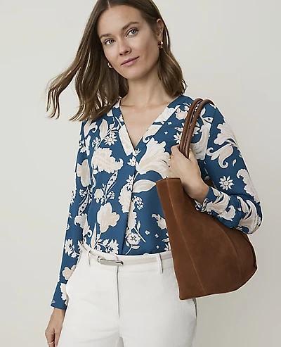 Ann Taylor Paisley Mixed Media Pleat Front Top Harbor Side Blue Women's