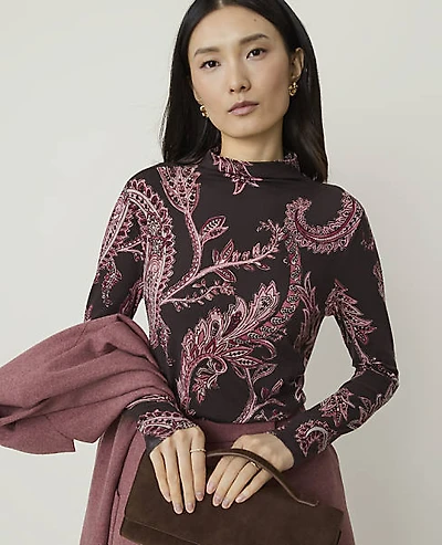 Ann Taylor Paisley Mock Neck Top French Mocha Women's