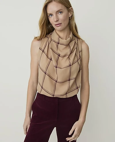 Ann Taylor Windowpane Mixed Media Sleeveless Top Cashew Crunch Women's