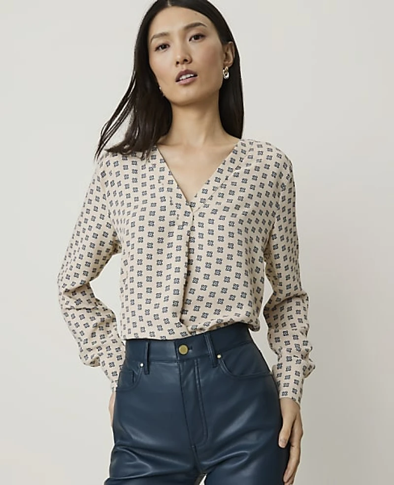 Ann Taylor Floral Mixed Media Pleat Front Top Sail Cloth Women's