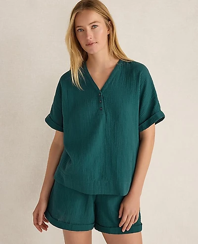 Ann Taylor Haven Well Within Organic Cotton Gauze V-Neck Top Deep Turquoise Women's