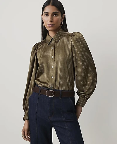 Ann Taylor Dotted Collared Blouson Sleeve Shirt Green Women's